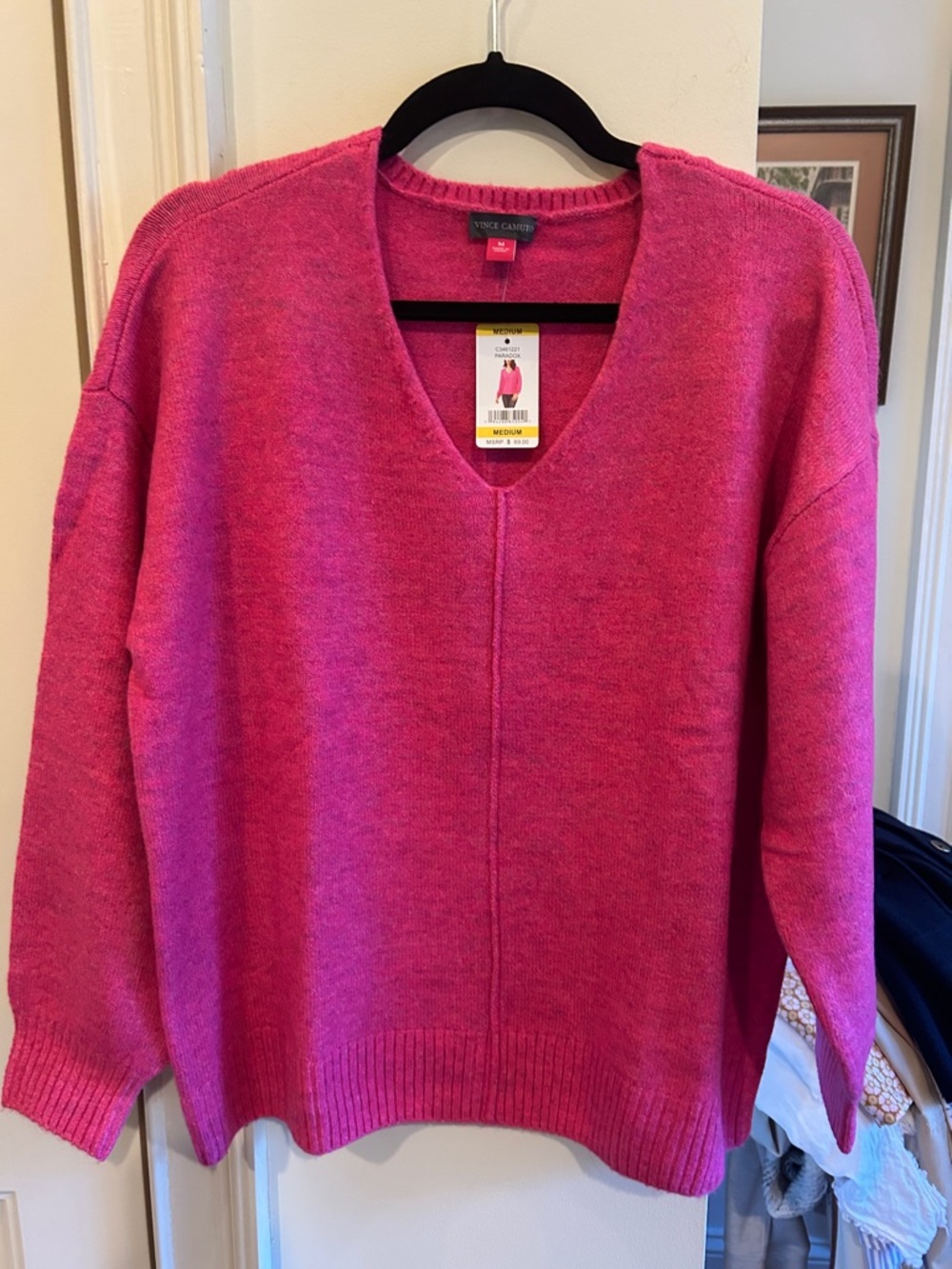 Vince Camuto Hot Pink V-Neck Pullover Sweater. Oversized style.